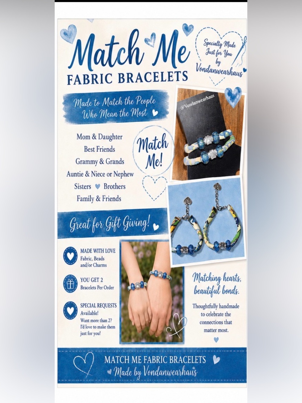 Handmade Match Me Custom Fabric Bracelets  2 per order